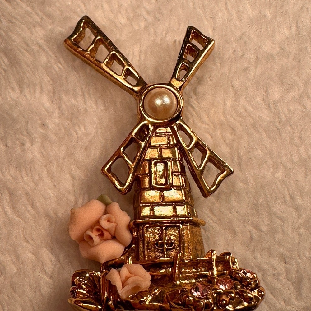 Vintage 1928 Windmill Standing Brooch Pin Faux Pearl Rhinestone Gold Tone Rare